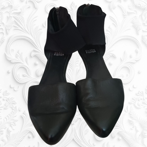 Eileen Fisher Allot Tumbled Ballet Flats Black Leather Mesh Ankle Strap 6.5 - Picture 2 of 7